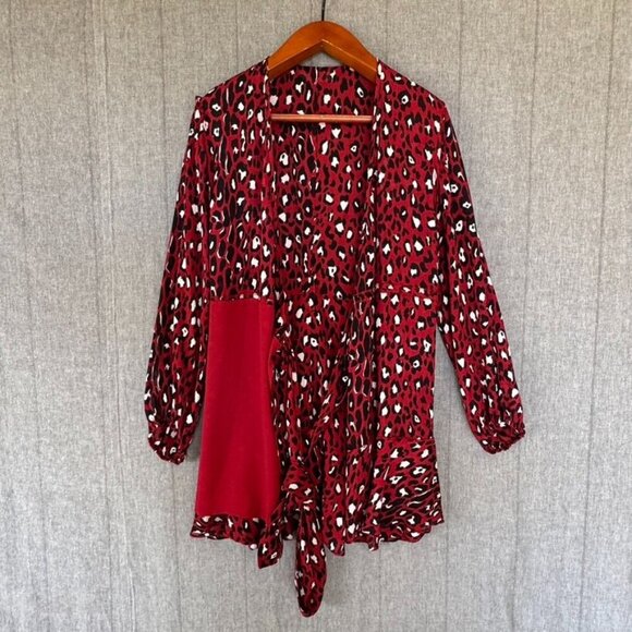 A.L.C. Michaela 100% Silk Red Cheetah Print Ballon Sleeve True Wrap Mini Dress - Picture 9 of 17